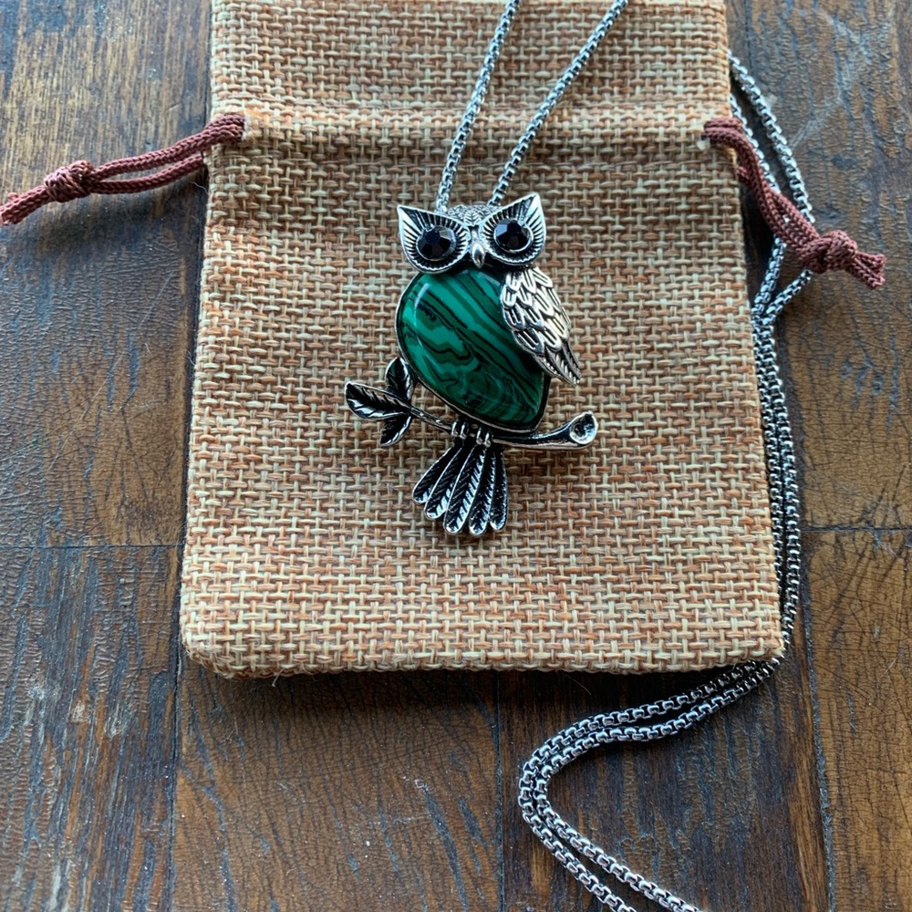 Imitation Malachite Owl Pendant Necklace Owl Necklace Crystal Jewelry